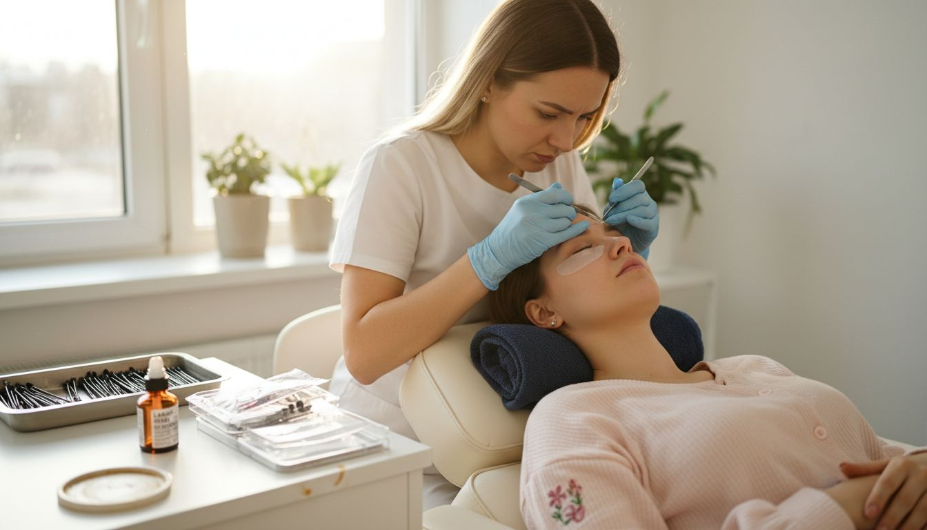 Technician performing lash procedure on client