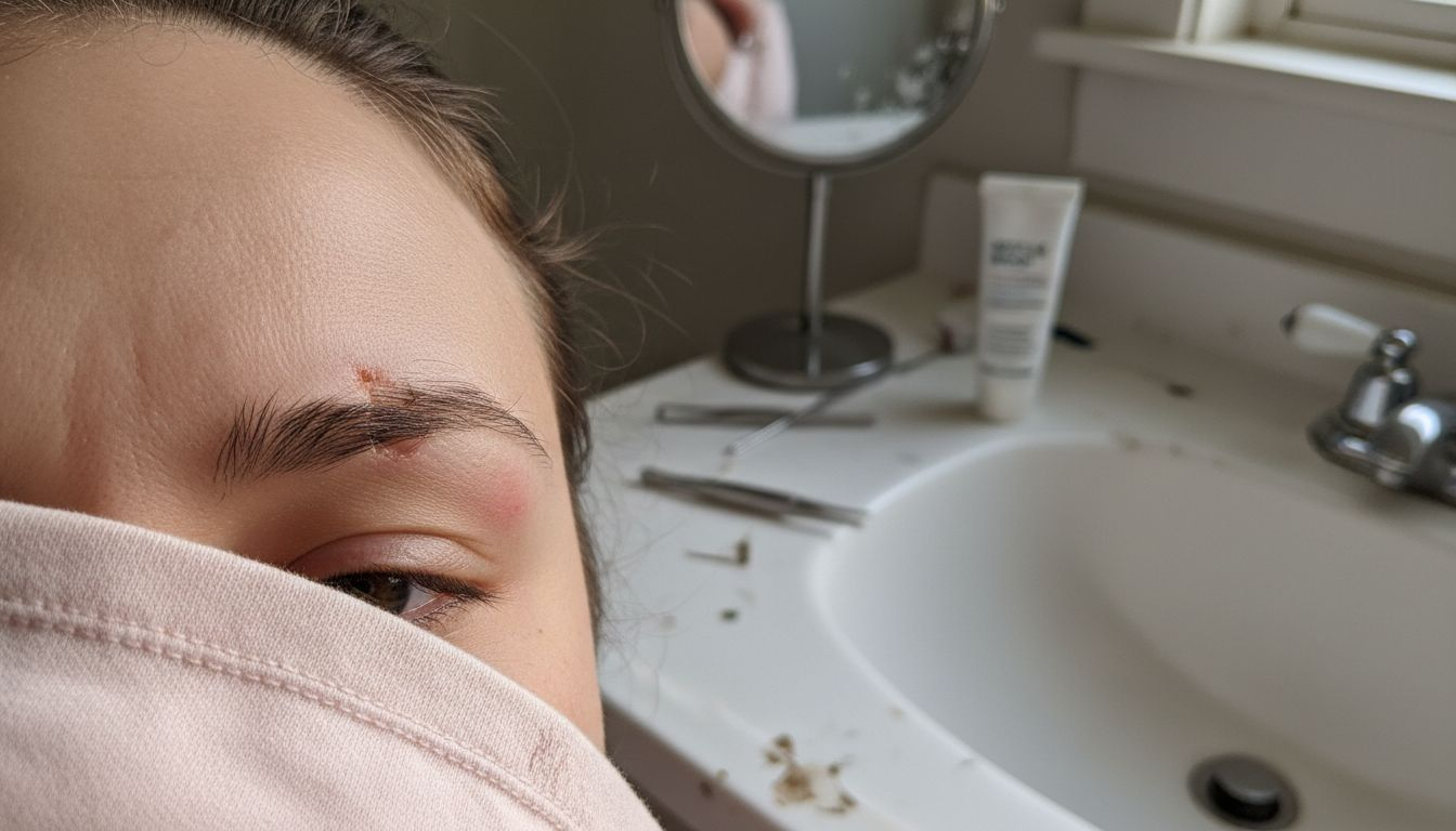 Damaged eyebrow hairs with visible breakage