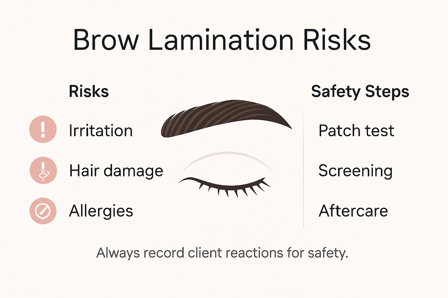 Infographic outlining brow lamination risks and safety steps