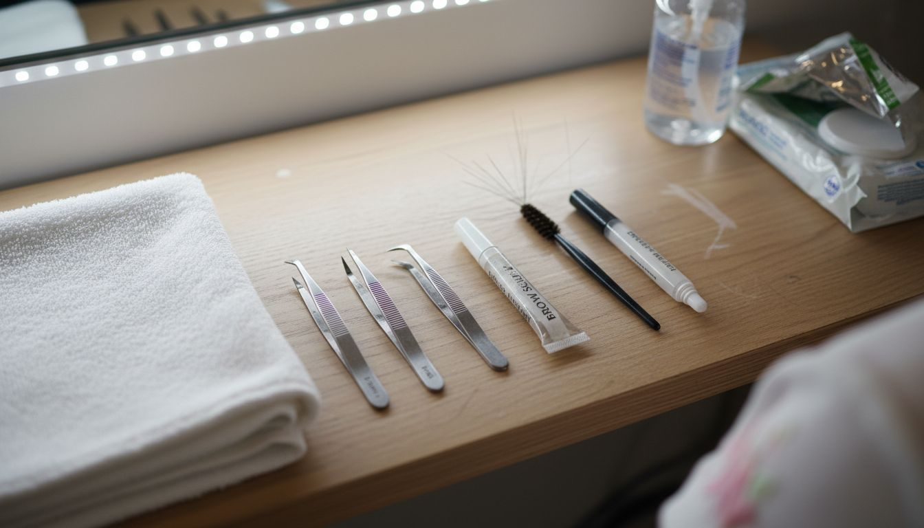 Tray showing brow styling tools and brushes