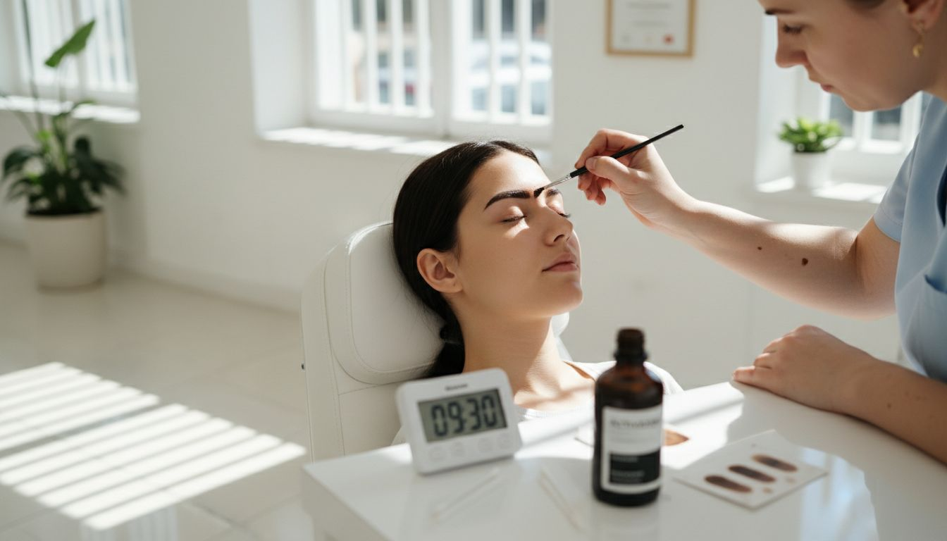 Technician applying brow tint activator to client