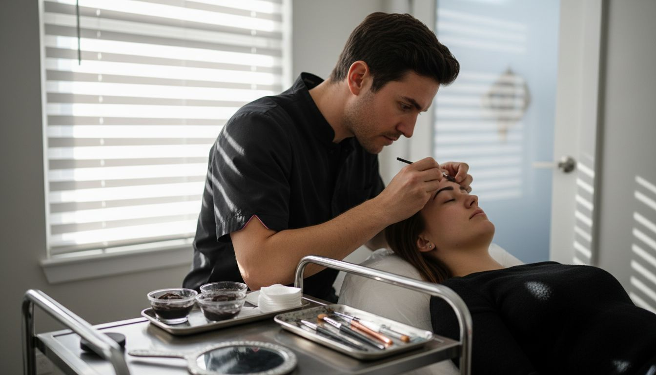 Esthetician applying brow tint with tools