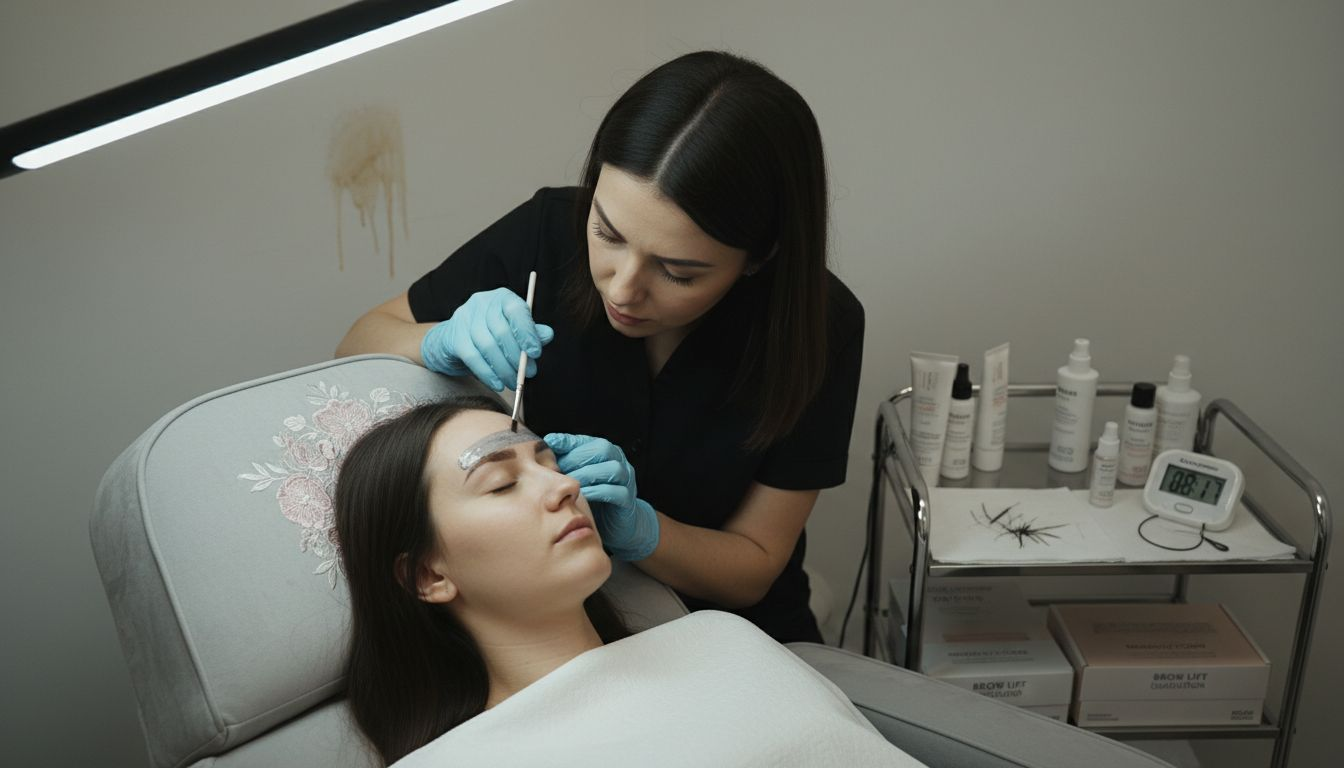 Technician applying brow lamination in salon