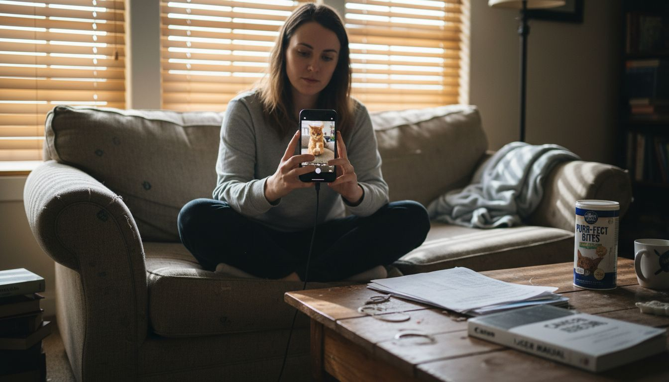 Woman watching pet camera feed on phone