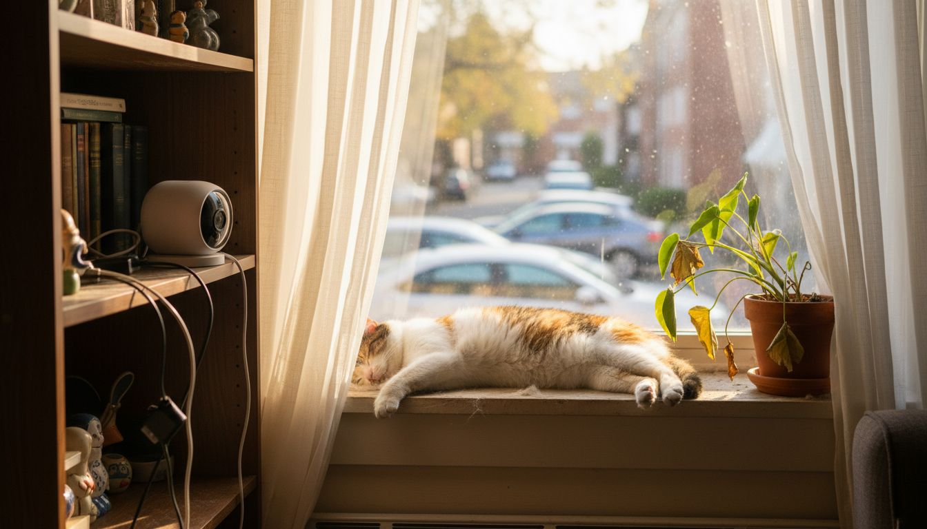 Stationary pet camera covers cat in room