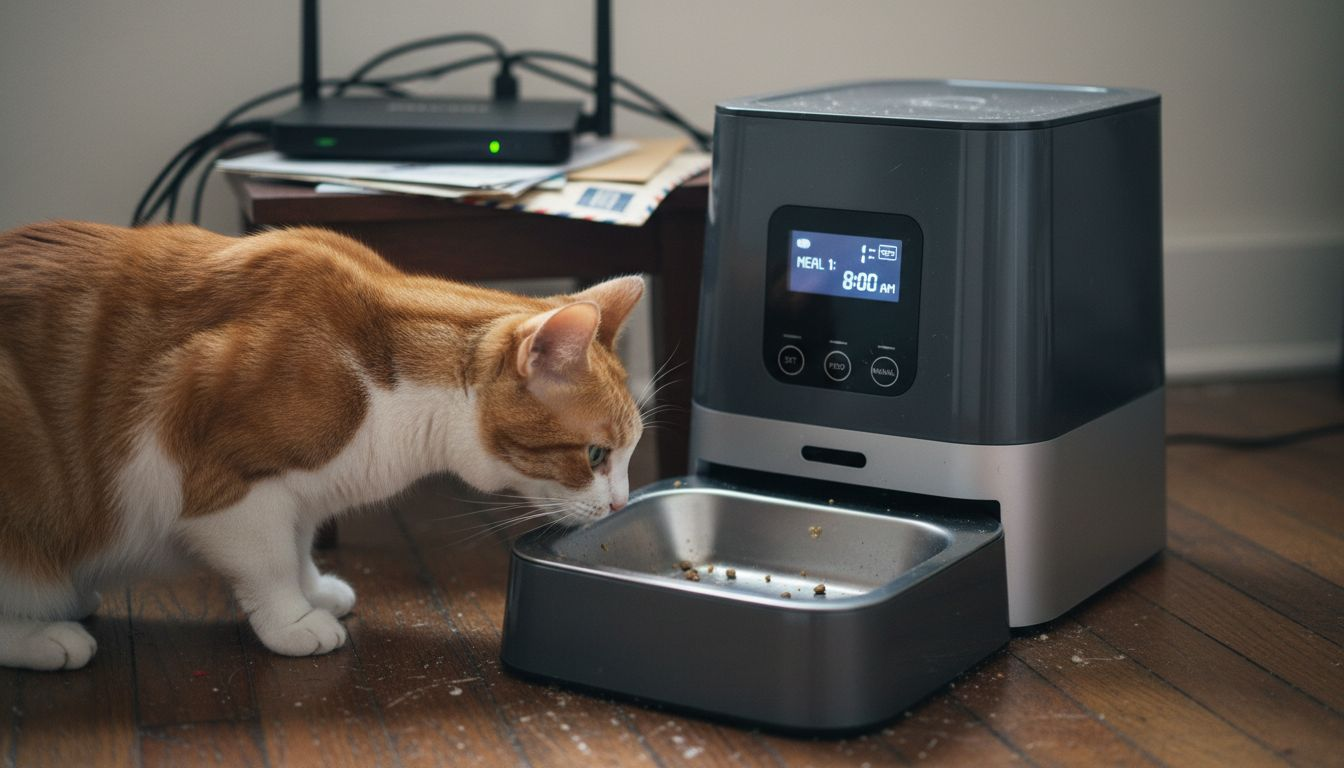 Smart feeder with cat and visible home details