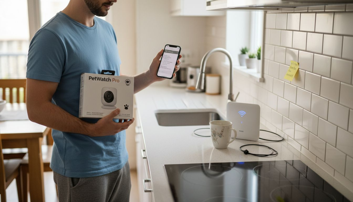 Man prepares pet camera Wi-Fi setup in kitchen