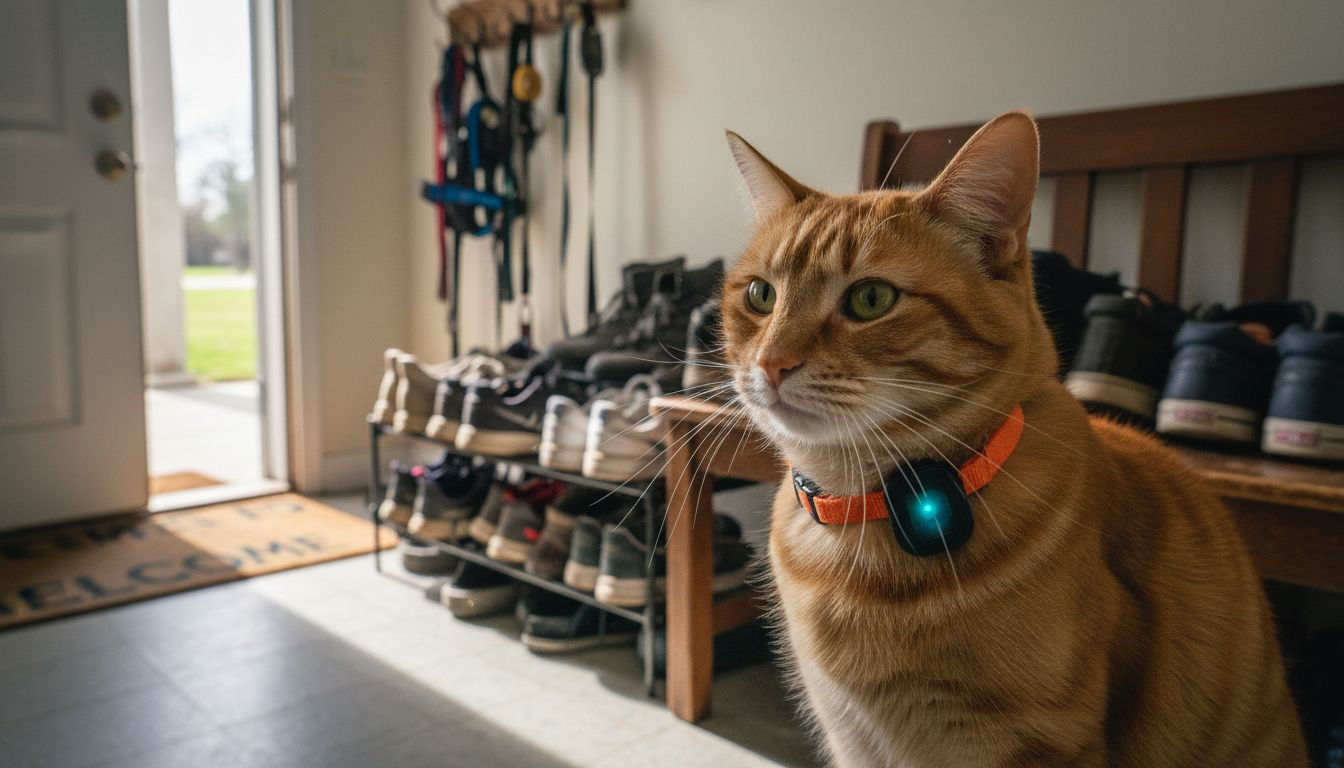 Cat with tracker near entryway shoes