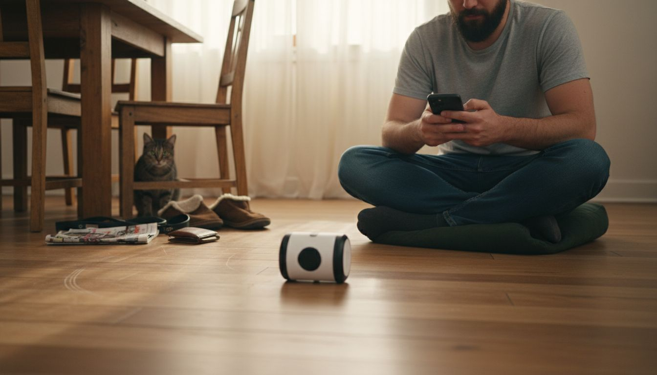 Man operates robotic pet camera with cat nearby