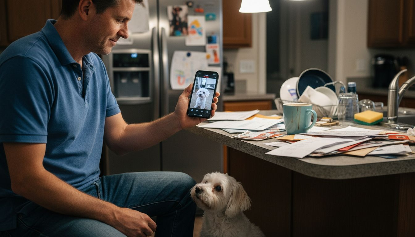 Man using pet camera app in kitchen
