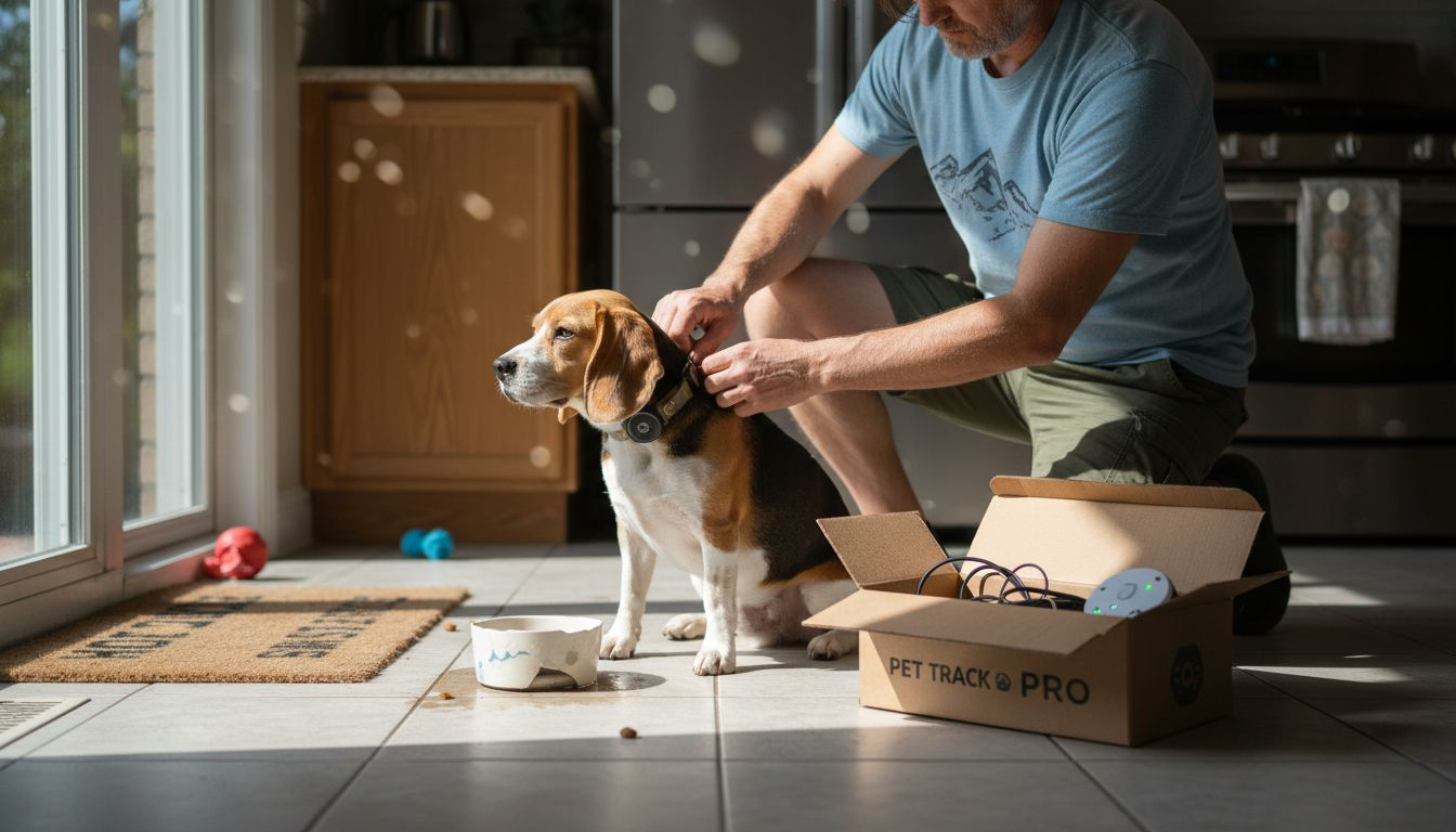 Man setting up smart pet collar device