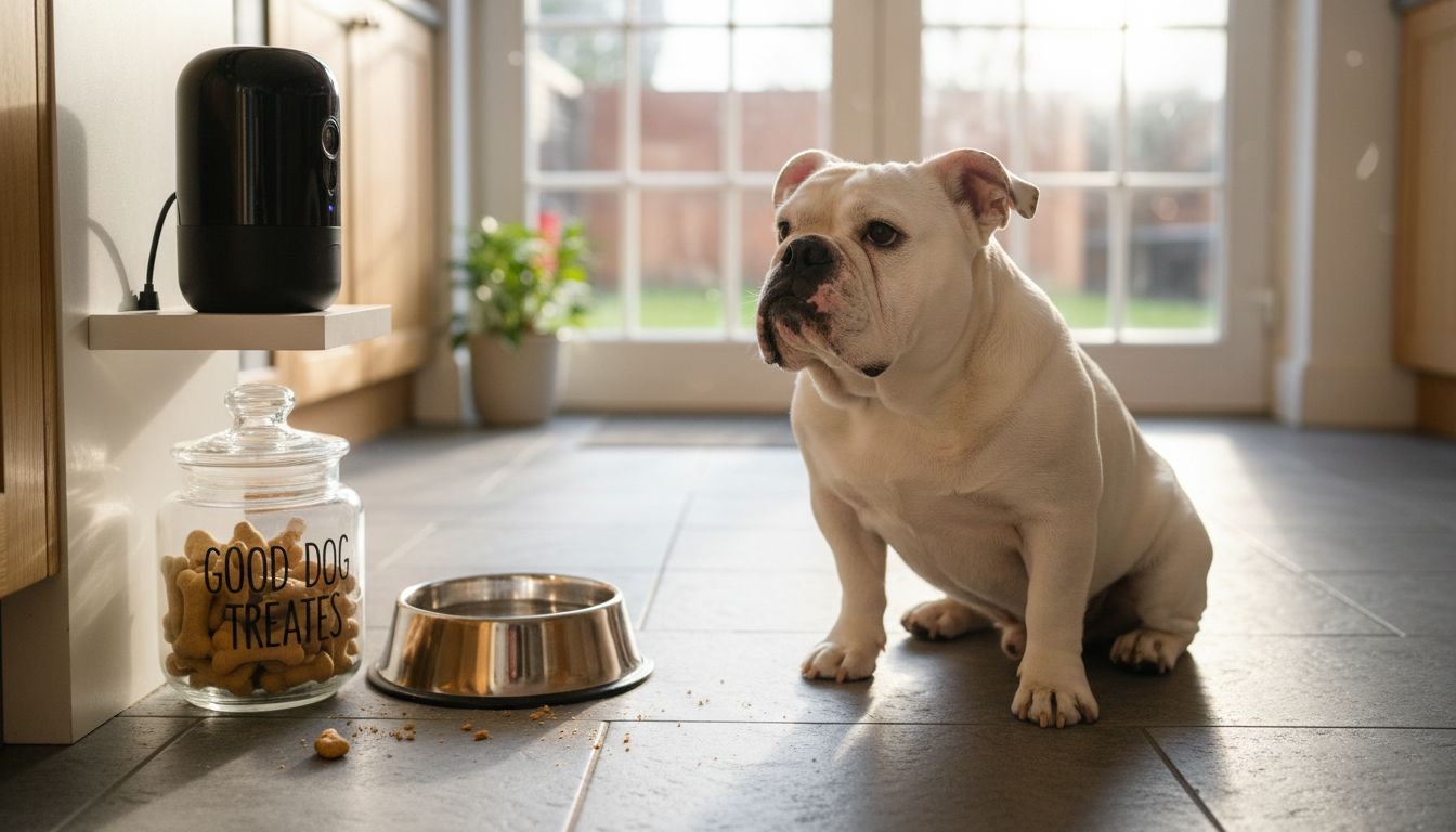 Bulldog watching modern pet camera device