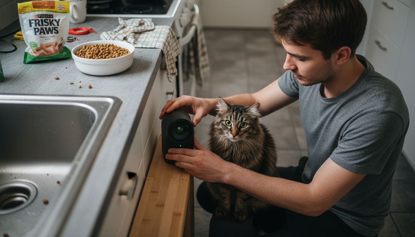 Man setting up pet camera with cat