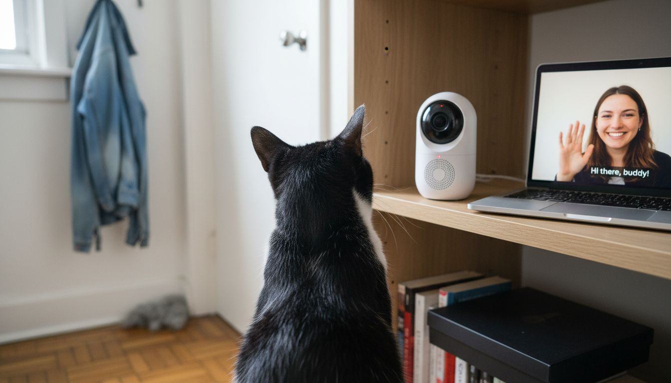 Cat listening to pet camera audio feature