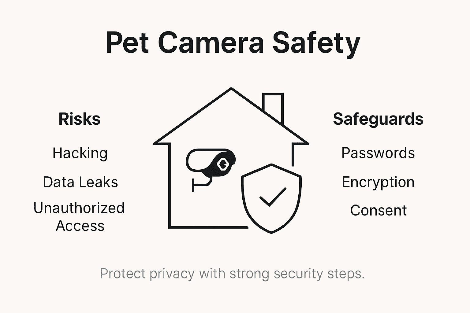 Infographic showing pet camera safety risks and safeguards