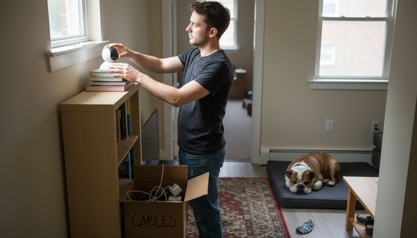 Owner installing indoor camera for pets