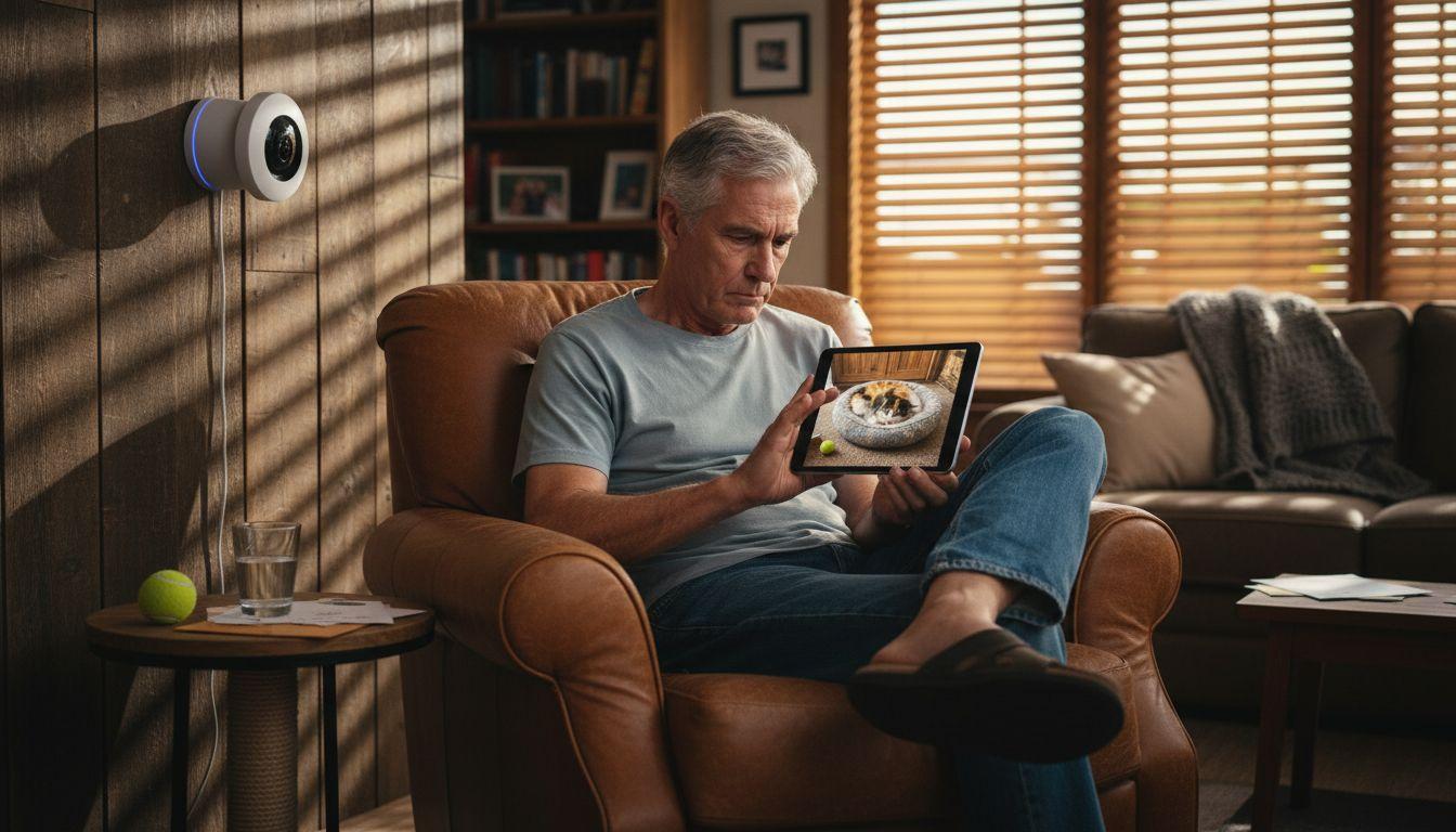 Man monitoring cat with wall pet camera