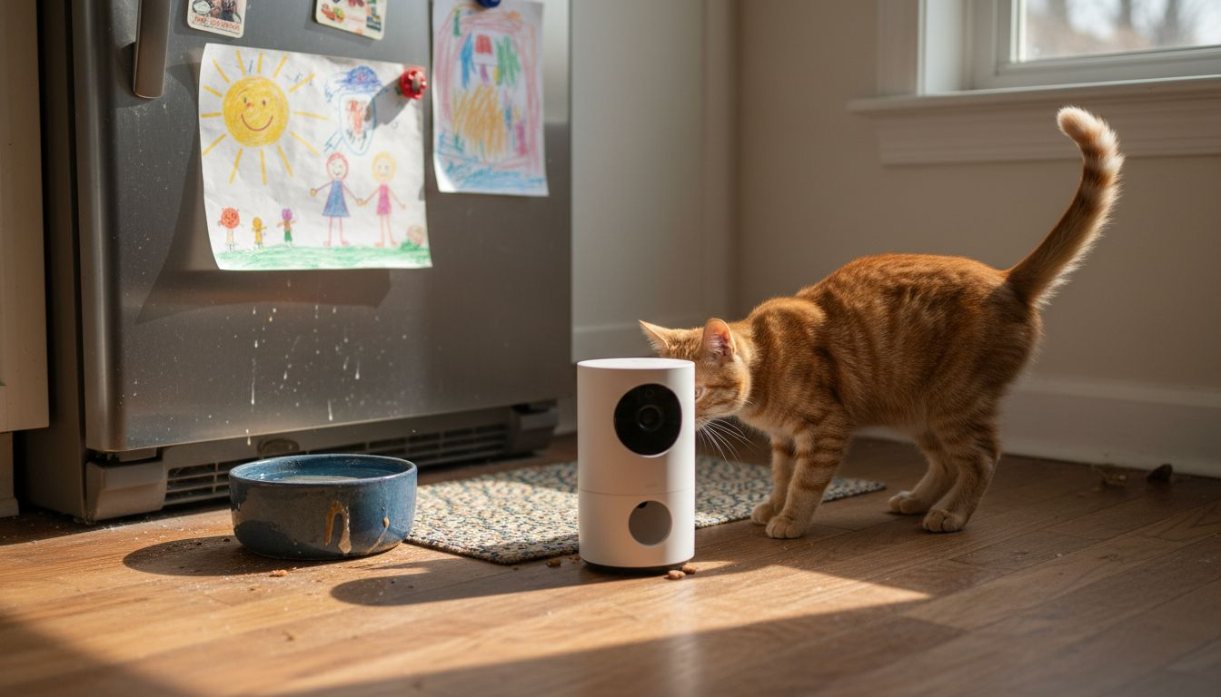 Cat interacts with home pet monitoring camera