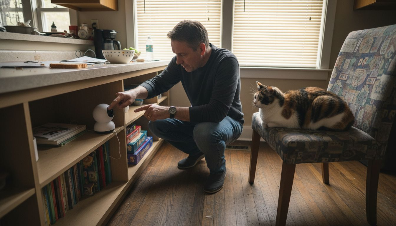 Man placing pet camera in kitchen