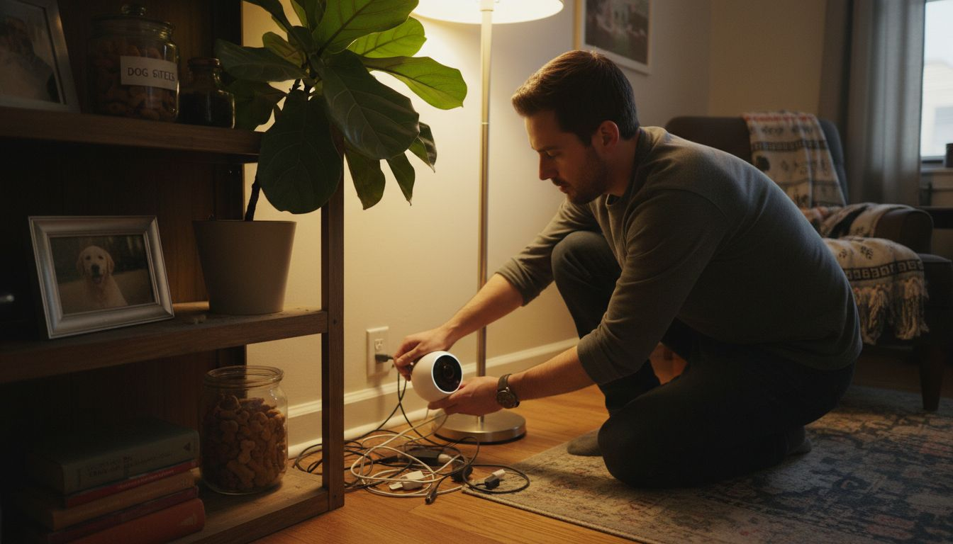 Person plugs in pet camera near bookshelf
