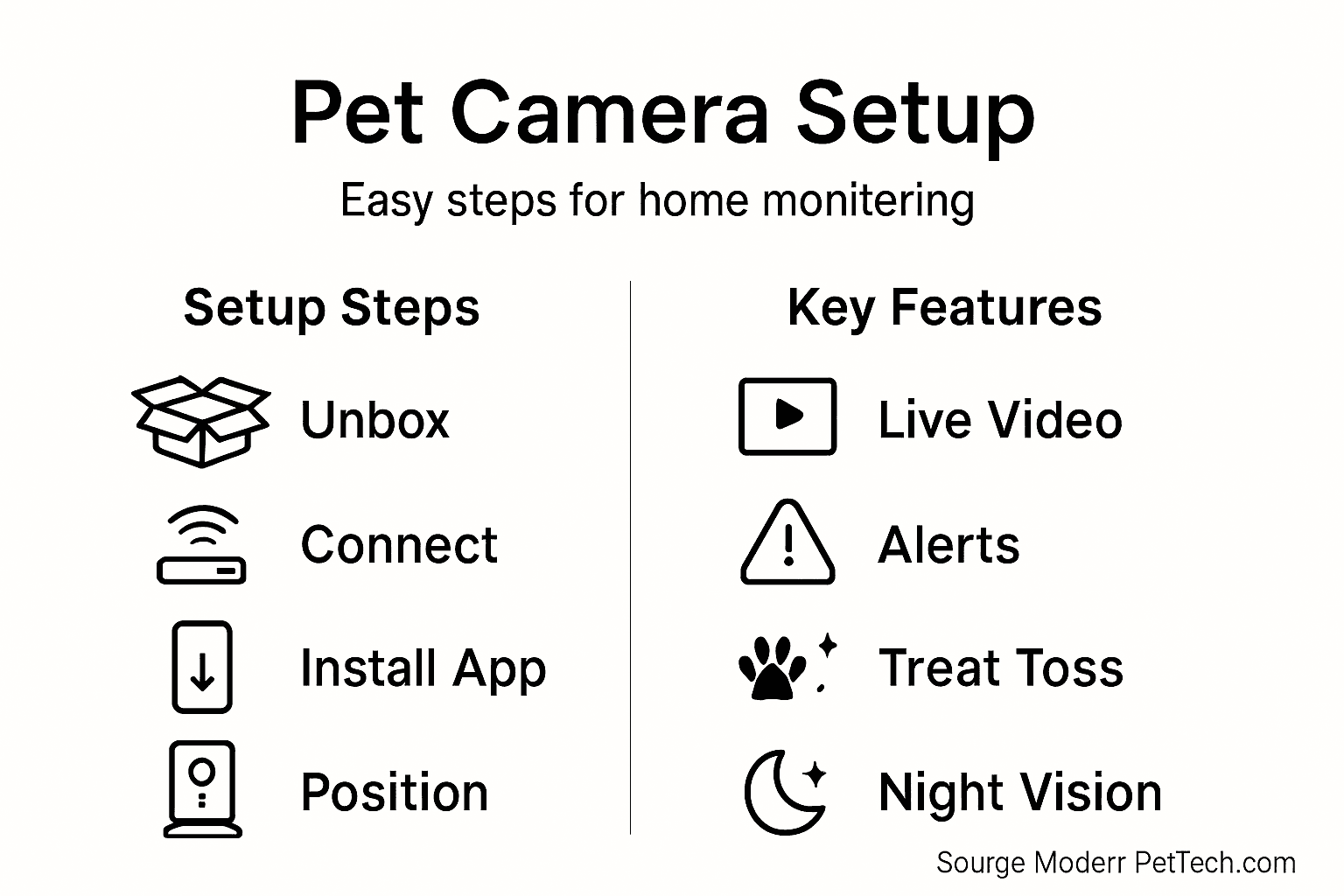 Infographic summarizing pet camera setup steps and features