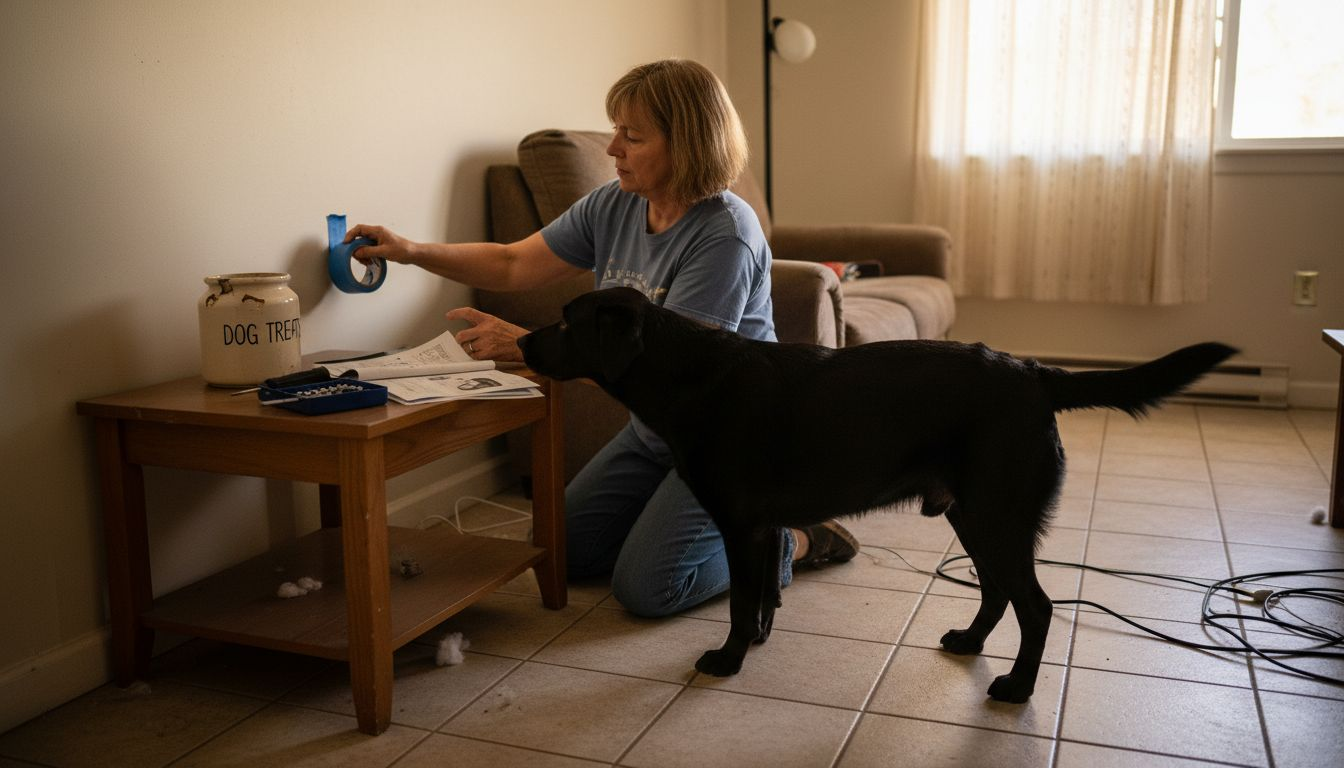 Woman marking pet camera location in family room