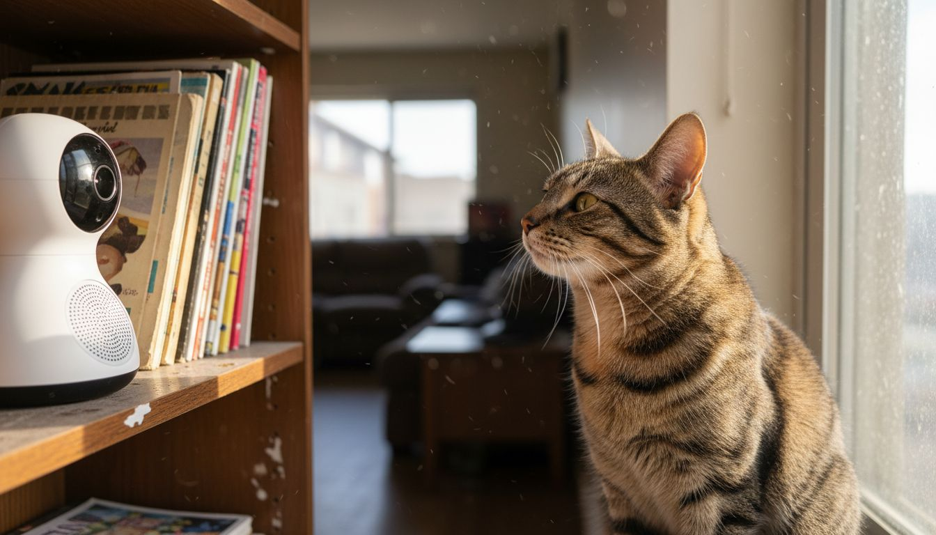 Cat listening to owner’s voice from speaker