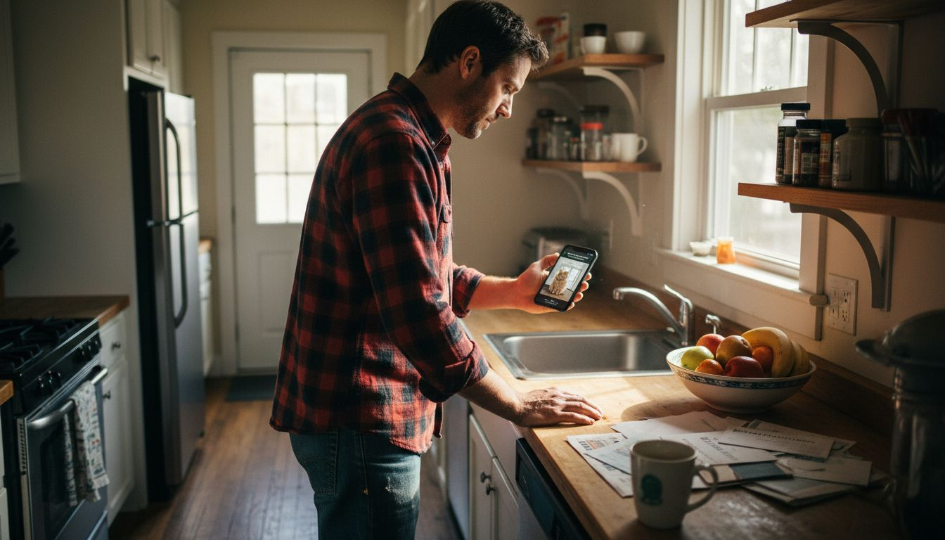 Man checks pet camera app alert in kitchen