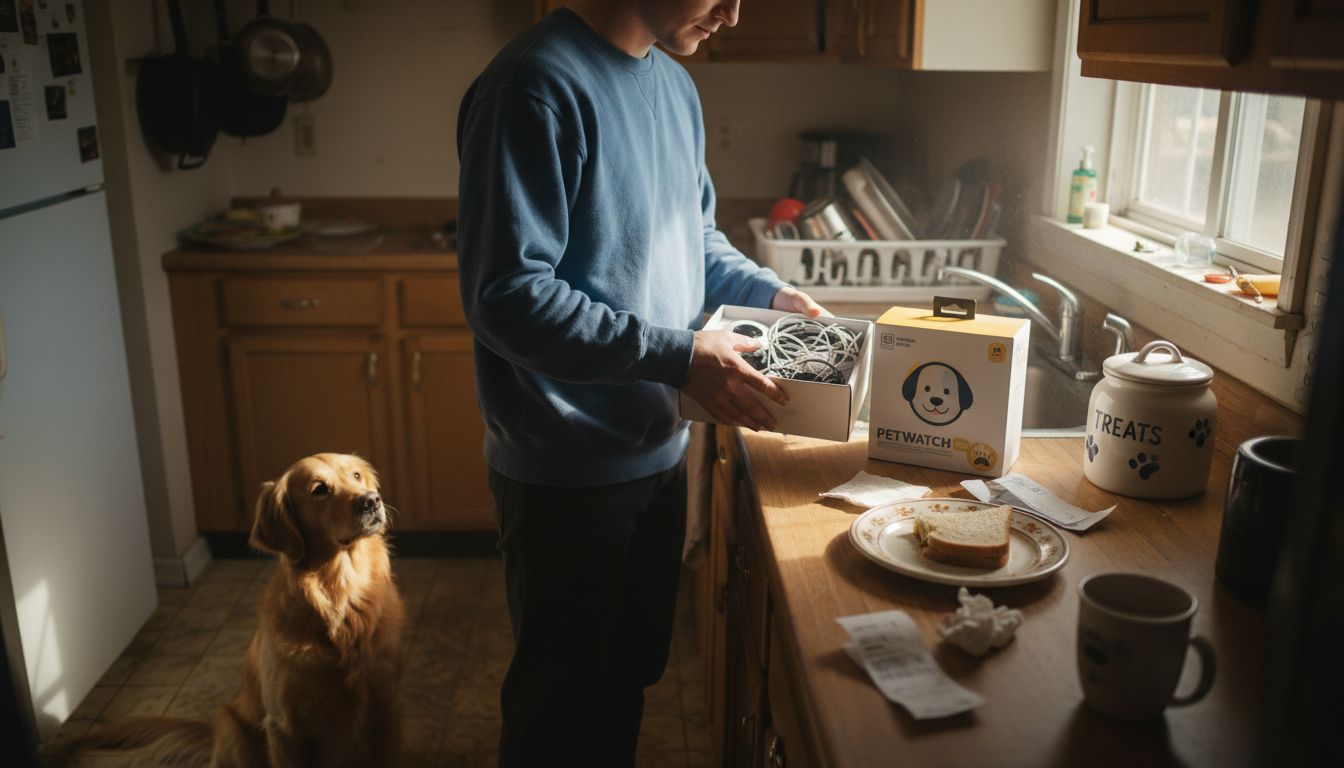 Man compares pet camera boxes at kitchen counter