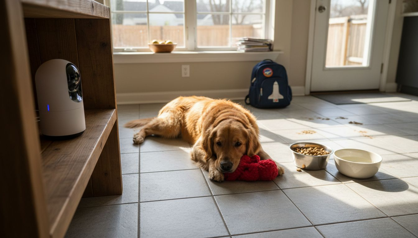 Smart pet camera in kitchen with dog