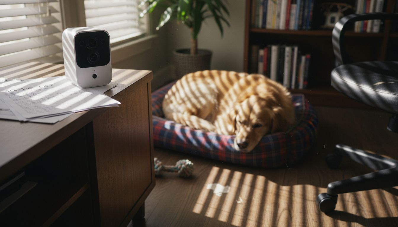 Pet camera lens technology monitoring dog