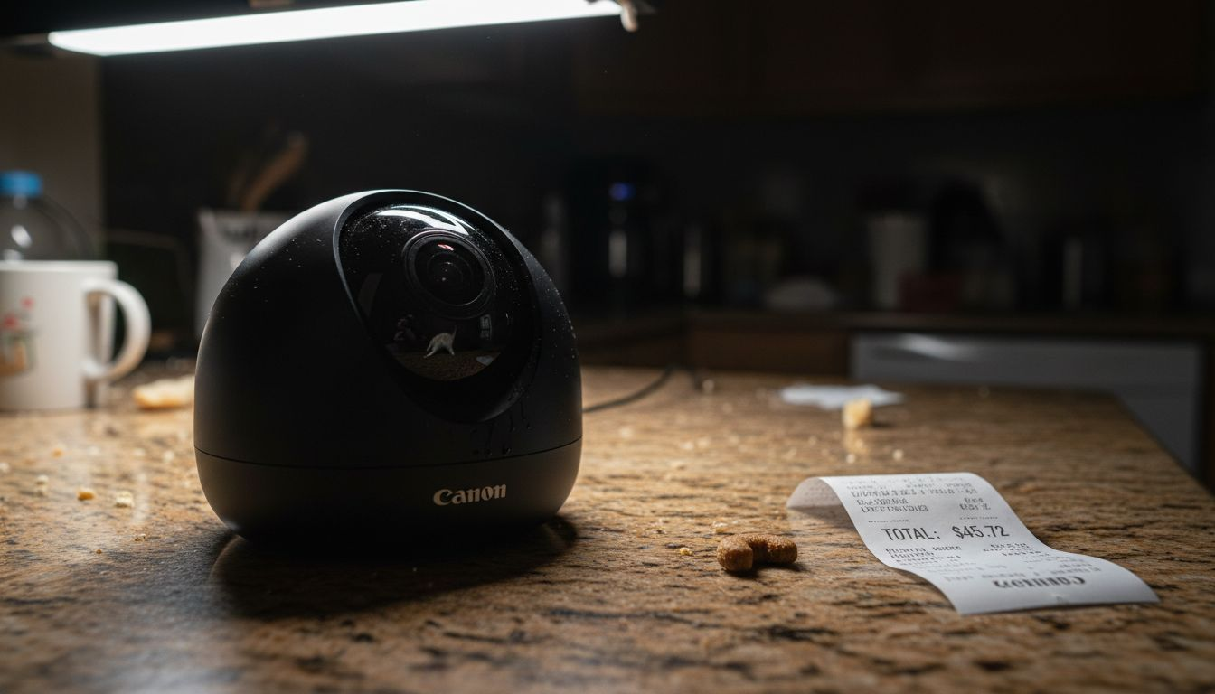 Pet camera close-up monitoring a cat at night