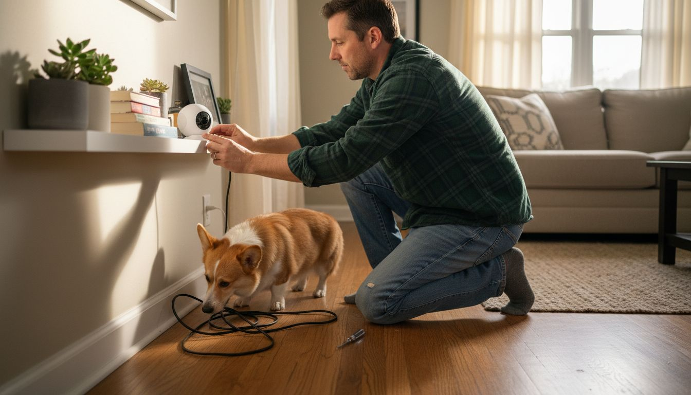 Man installing pet camera in living room