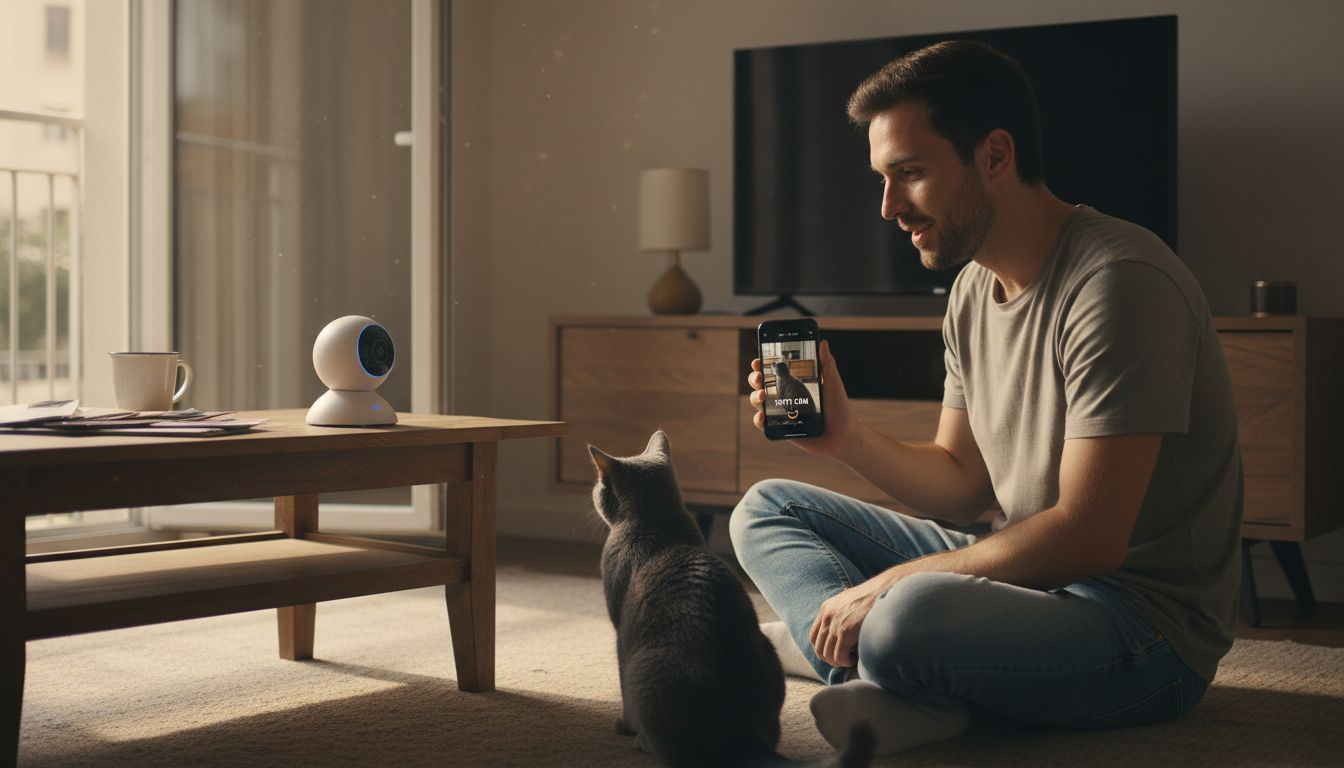 Pet owner testing two-way audio with cat