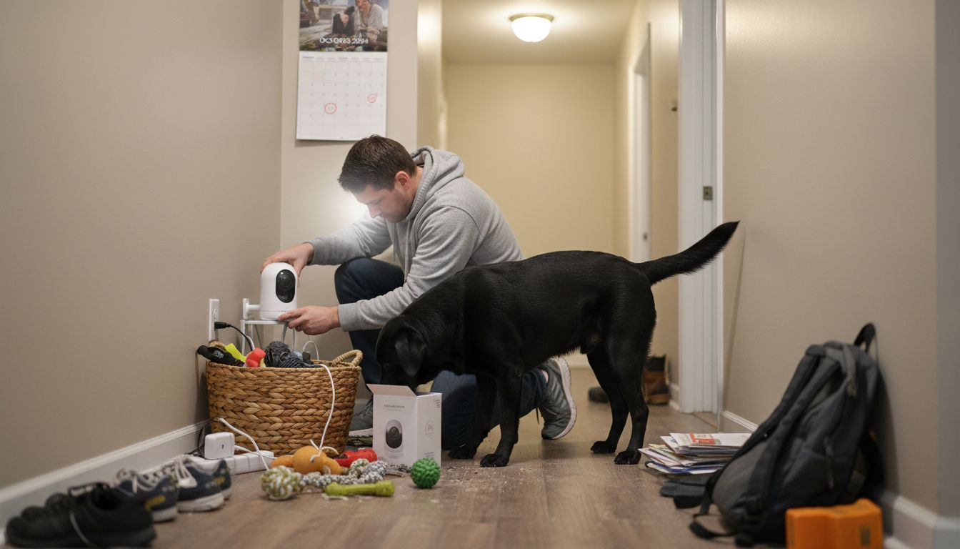 Man installing pet camera with curious dog