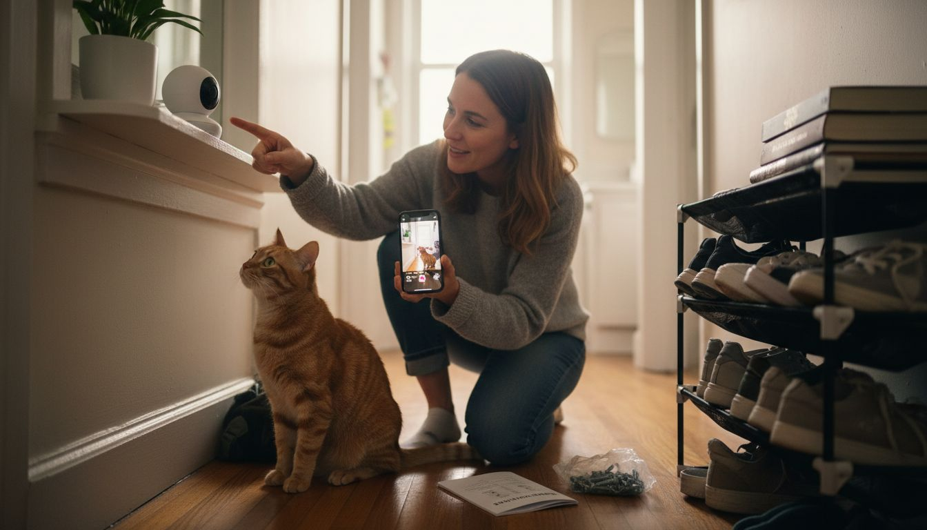 Woman testing camera in hallway with cat