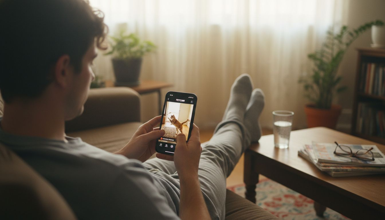 Man viewing live pet camera feed