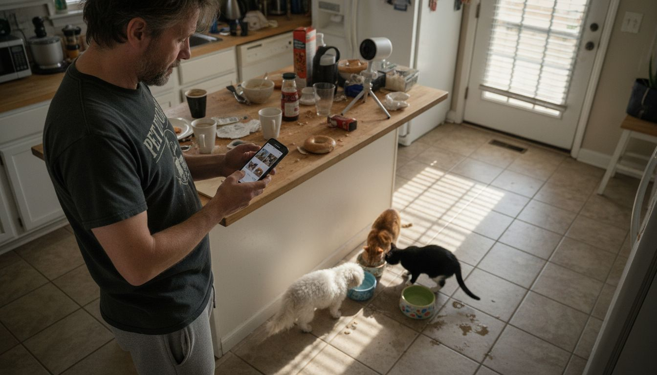 Man monitors multi-pet kitchen scene with camera
