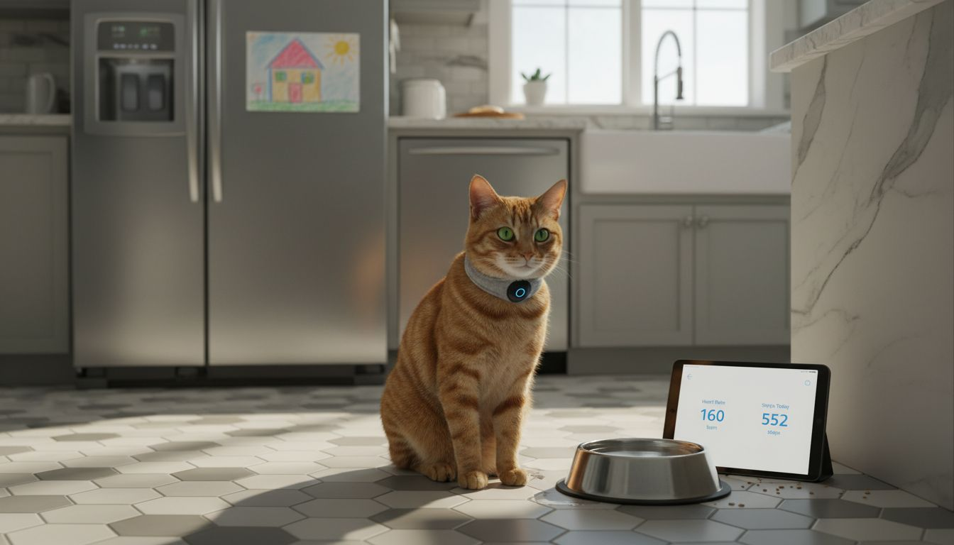 Cat wearing smart health collar in kitchen