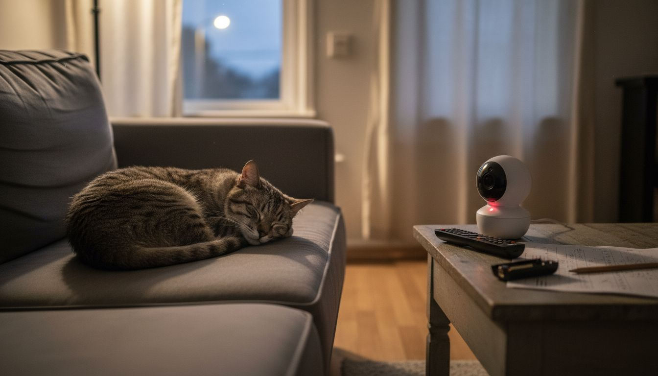 Cat resting in low light monitored by camera