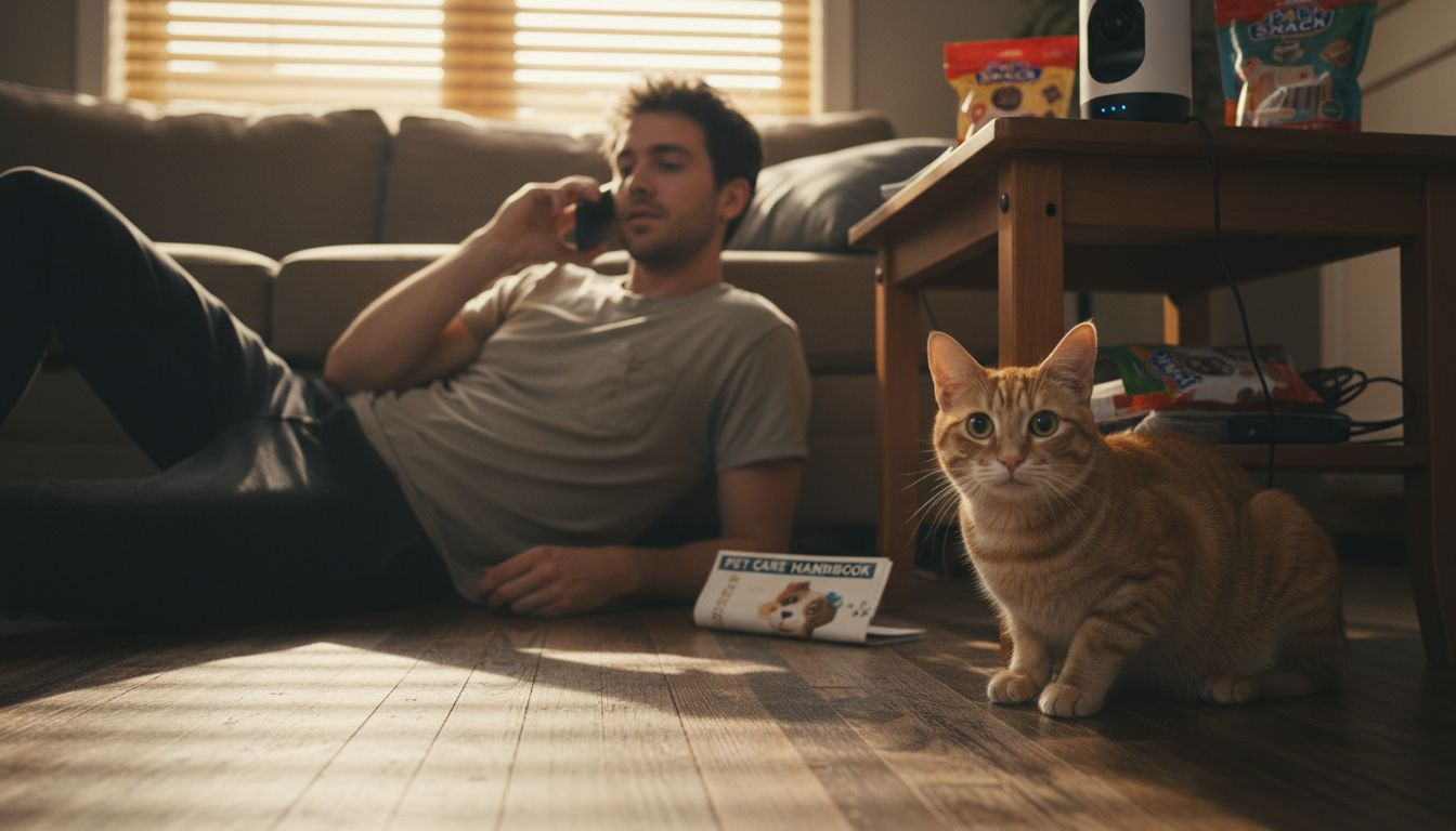 Man using two-way audio to comfort pet