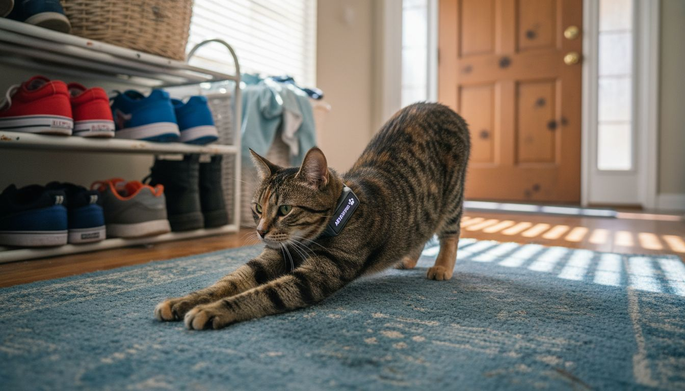 Cat wearing smart collar in home entrance