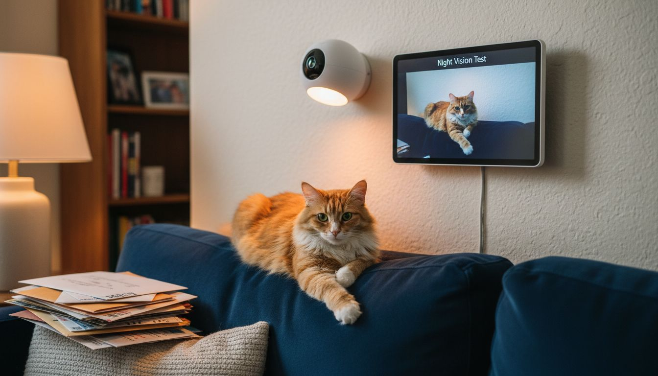 Cat under pet camera with color night vision