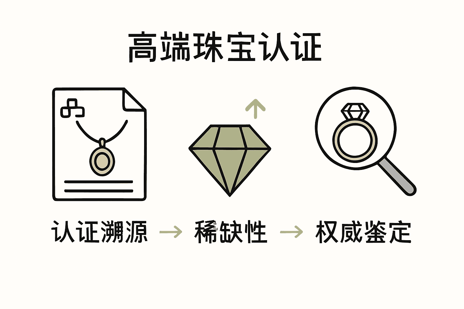 Infographic comparing authentication, rarity, and appraisal for jewelry collecting.