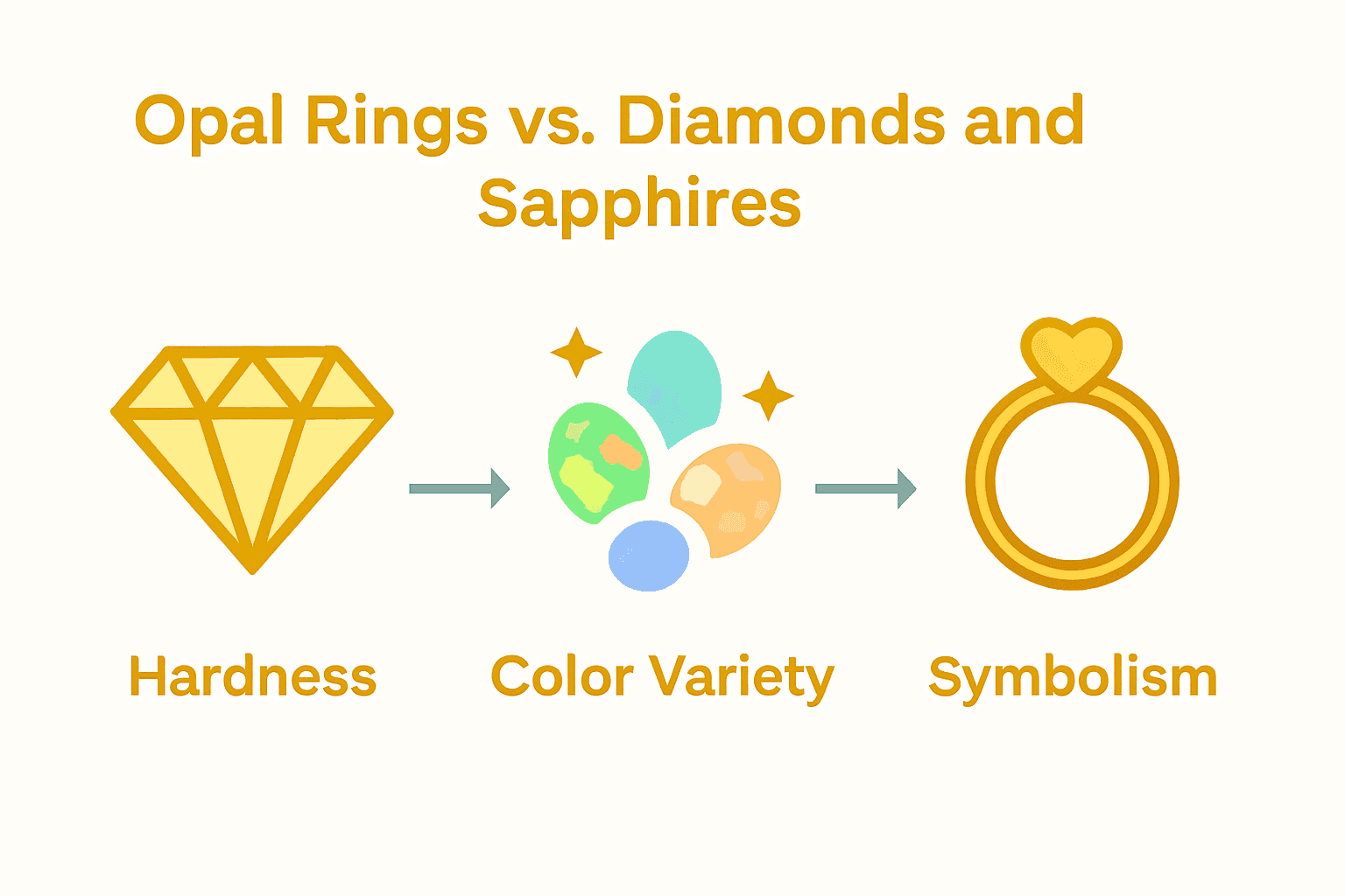 Infographic comparing opal rings to diamonds and sapphires for hardness, color, symbolism.