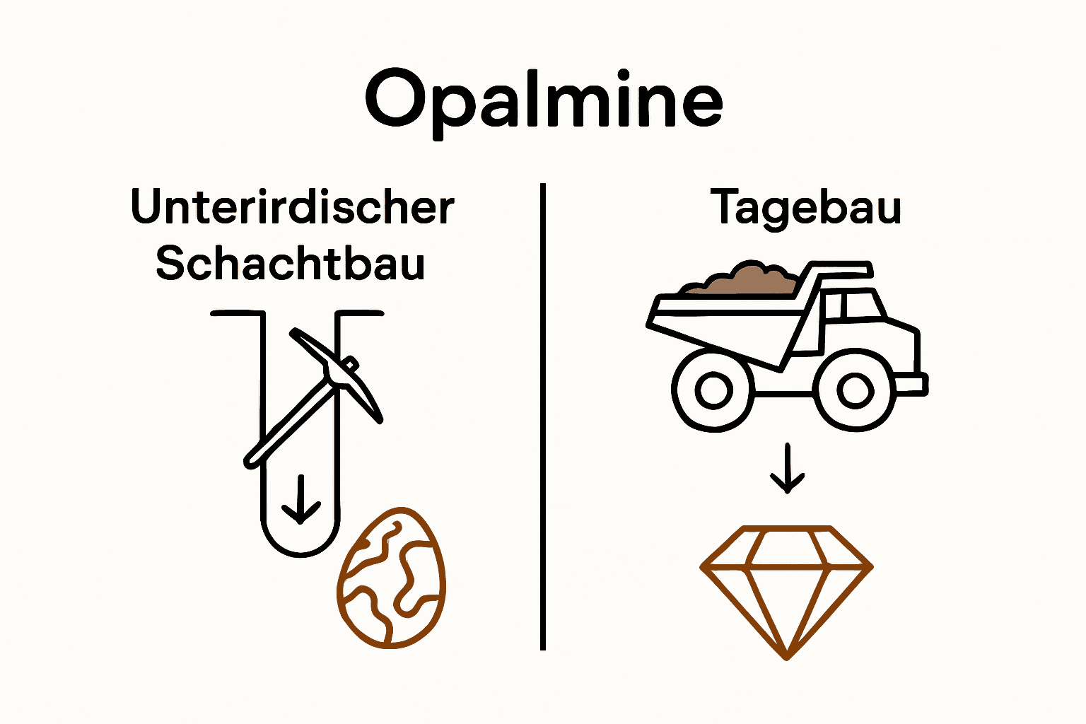Infografik zu Abbaumethoden von Opalen: Schachtbau vs. Tagebau