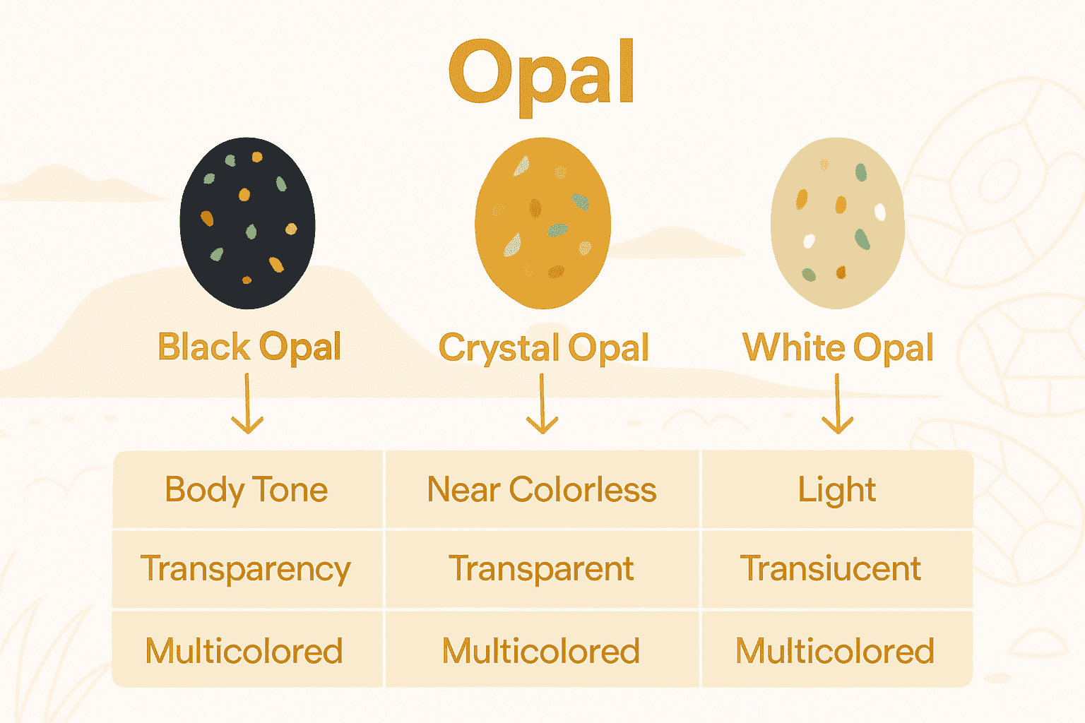 Infographic comparing black, crystal, and white Lightning Ridge opals.