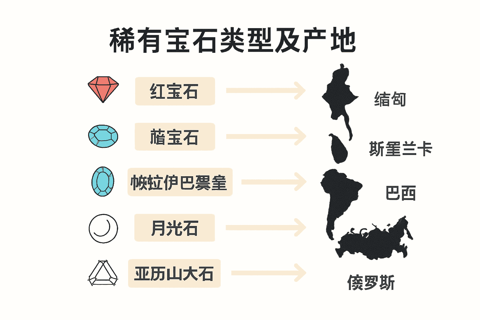 稀有宝石类型及主要产地对比信息图