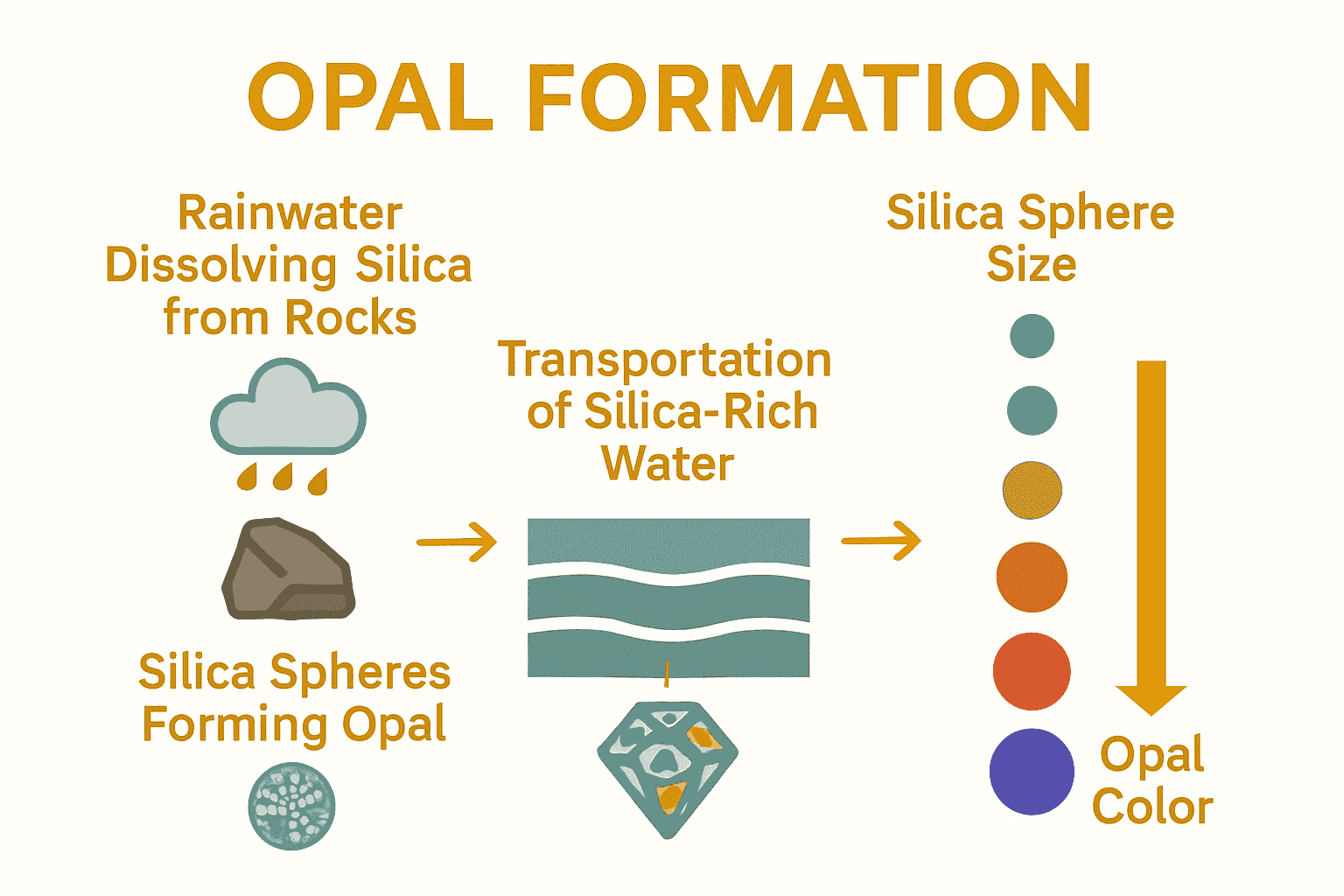 Infographic diagram of opal formation from rainwater, through rock layers, to final gemstone.