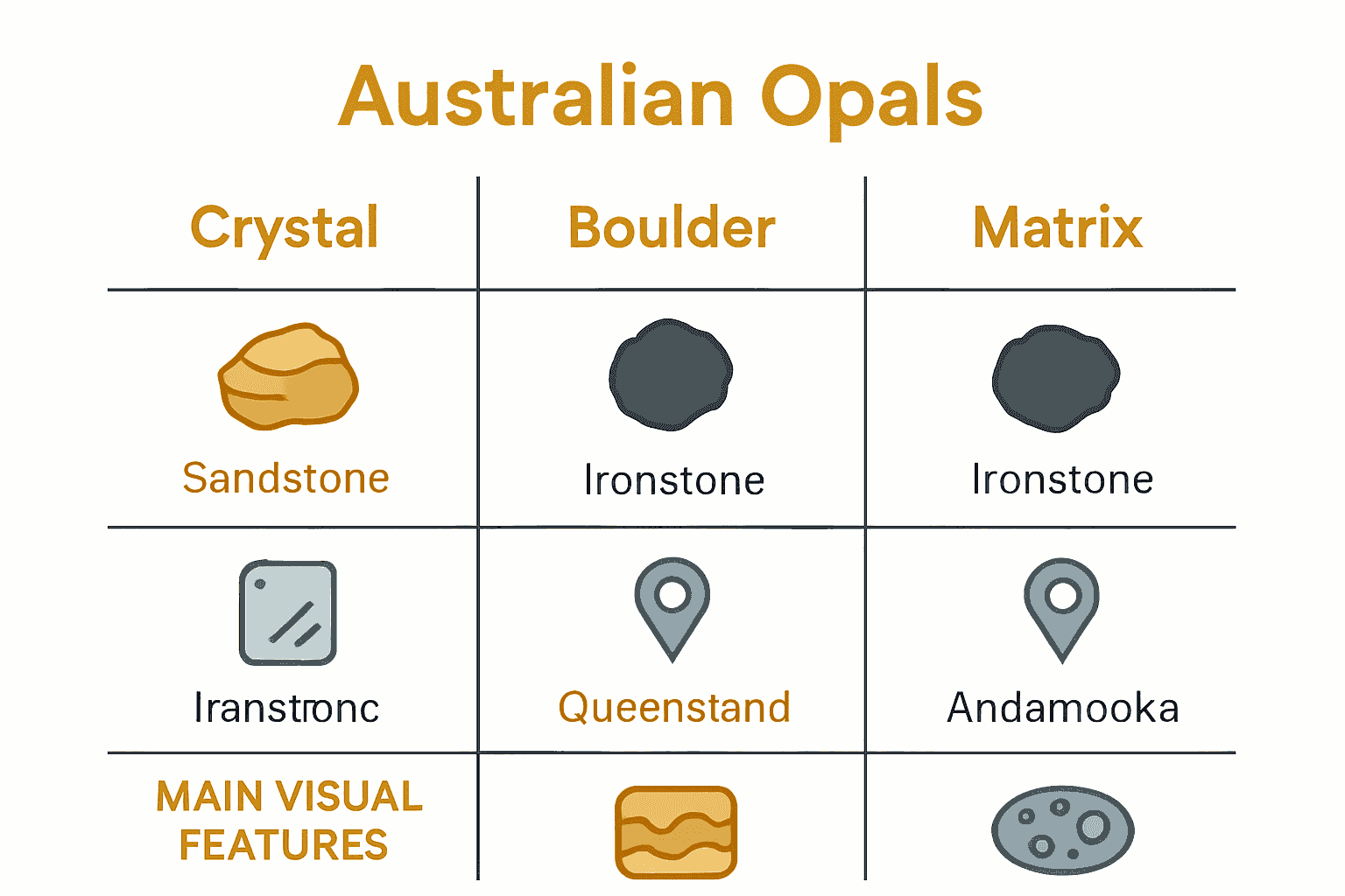 Comparison chart of crystal, boulder, and matrix opals by location, host rock, and appearance.
